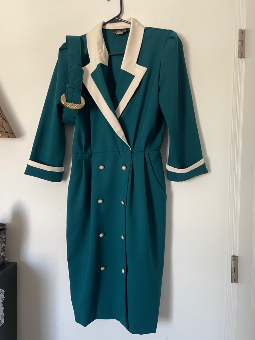 Teal Midi Dress with Cream Trim with Pockets and matching Belt!
